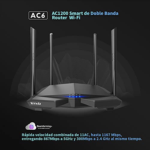 Tenda AC6 Router WiFi de Doble Banda AC1200, 2.4 GHz a 300 Mbps y 5 GHz a 867 Mbps, Antenas Externas de 4*6dBi, Fast Ethernet, Puertos WAN/3*LAN de 100 Mbps, Tecnología Beamforming + MU-MIMO