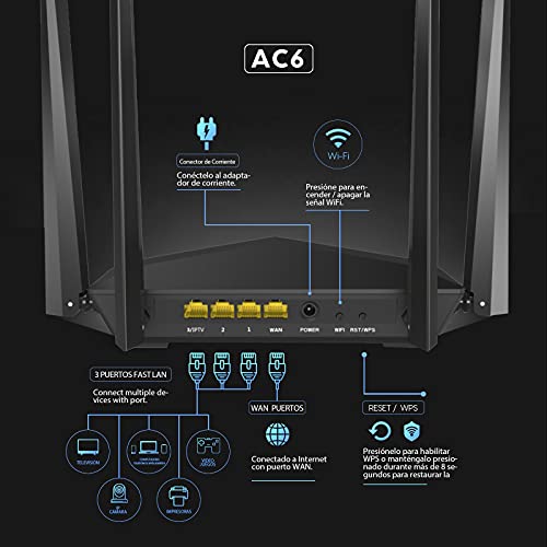 Tenda AC6 Router WiFi de Doble Banda AC1200, 2.4 GHz a 300 Mbps y 5 GHz a 867 Mbps, Antenas Externas de 4*6dBi, Fast Ethernet, Puertos WAN/3*LAN de 100 Mbps, Tecnología Beamforming + MU-MIMO