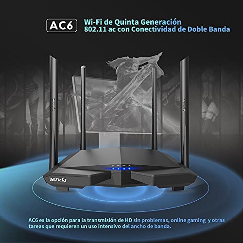 Tenda AC6 Router WiFi de Doble Banda AC1200, 2.4 GHz a 300 Mbps y 5 GHz a 867 Mbps, Antenas Externas de 4*6dBi, Fast Ethernet, Puertos WAN/3*LAN de 100 Mbps, Tecnología Beamforming + MU-MIMO