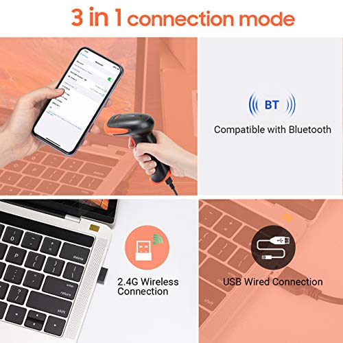 Tera Escáner de Código de Barras Inalámbrico Lector de Código Barras Omnidireccional Bluetooth USB 1D 2D QR Digital Compacto, HW0002