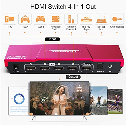 TESmart 4x1 HDMI Switch 4K Conmutador HDMI 4 Entradas 1 Salida de Caja HDMI Switcher con IR Remote Auto 2.0/5.1 Salida de Audio, Soporte 4K @60Hz Full HD1080P 3D para Xbox One, PS4/PS3, TV (Rojo)