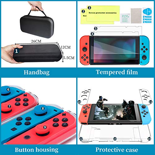 Th-some Kit de Accesorios 14 en 1 para Nintendo Switch, Funda Protectora para Interruptor Nintendo, Cubierta Transparente para Interruptor, Protector de Pantalla, Tapas Empuñadura de Pulgar (Negro)