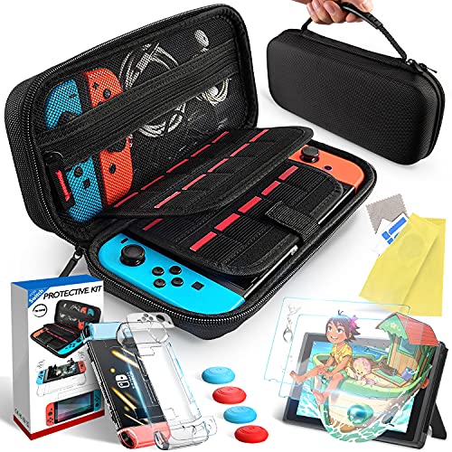 Th-some Kit de Accesorios 14 en 1 para Nintendo Switch, Funda Protectora para Interruptor Nintendo, Cubierta Transparente para Interruptor, Protector de Pantalla, Tapas Empuñadura de Pulgar (Negro)