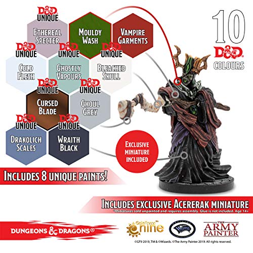 The Army Painter | Dungeons and Dragons | Nolzur’s Marvelous Pigments Undead Paint Set | 10 Pinturas Acrílicas y 1 figura miniatura Acererak