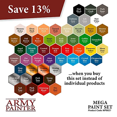 The Army Painter | Wargamers Mega Paint Set | 50 Pinturas Acrílicas y Pincel Wargamer | Starter Kit completo par a Wargames, Roleplaying y Pintura de Miniatura | Colores para el Hobby