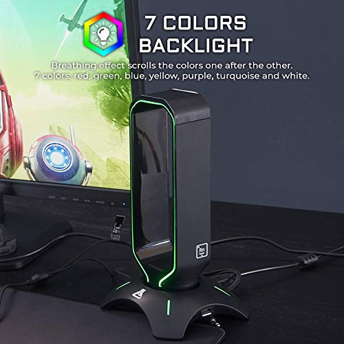 THE G-LAB K-Stand Radon Soporte Gaming para Cascos – Retroiluminación RGB, USB HUB 2 x 2.0, Base Anti-Deslizante – Stand Universal para PC PS4 Xbox One Nintendo Switch Soporte Cascos Gaming (Negro)