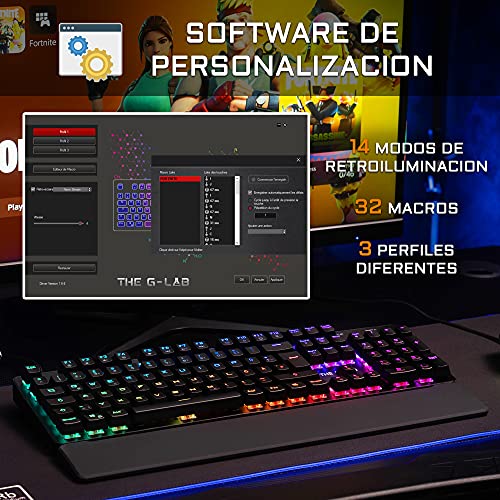 THE G-LAB Keyz Rubidium Teclado Mecánico Gaming QWERTY – Incluye Ñ – Alto Rendimiento – Teclado Mecánico Red Switch – Retroiluminación RGB, Anti-ghosting, ReposaMuñecas - PC PS4 Xbox One (Negro)