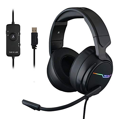 THE G-LAB Korp THALLIUM Auriculares Gaming - USB 7.1 Digital Surround, Micrófono con cancelación de ruido, LED RGB - Compatible con PC PS4, Negro