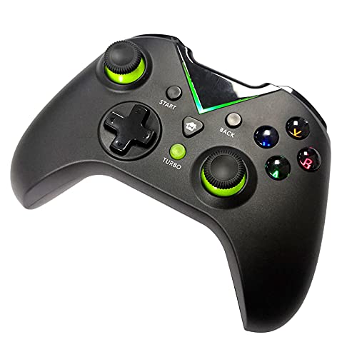 Tigerlily Enterprises Black with Green Light 2.4GHz Wireless Game Controller Gamepad Joystick With Dual Motor Vibration & Backlit Keys for Xbox One Series S/X, PS3 & Microsoft PC - No Headset Jack.
