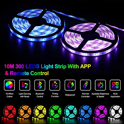 Tiras LED, Luces Led Habitación 10 Metros, Bonve pet Tiras LED RGB 5050 SMD Bluetooth Musical con IR Control Remoto 40 Teclas y APP, 16 Milliones de Colores para Decoración Cocina Fiesta Navidad