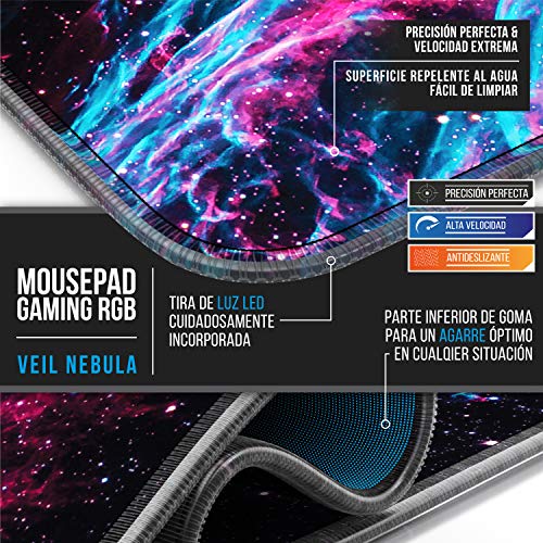 Titanwolf - Alfombrilla para ratón Gaming RGB - Mouse Pad 800 x 300 mm - LED Multicolor 7 Colores - 4 modos de efectos - Mejora precisión y velocidad - Superficie inferior de goma – Motivo Veil Nebula