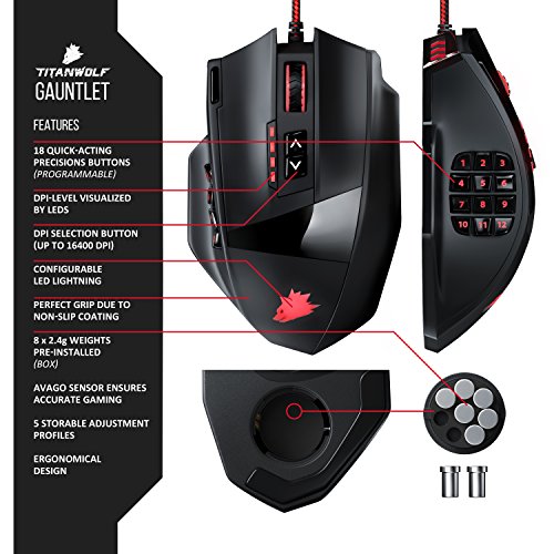 Titanwolf - Gauntlet Ratón USB para Juegos MMO - frecuencia de muestreo 16400 dpi - 18 Botones - Alta precisión - iluminación LED a Color configurable - tecnología de sensores Avago