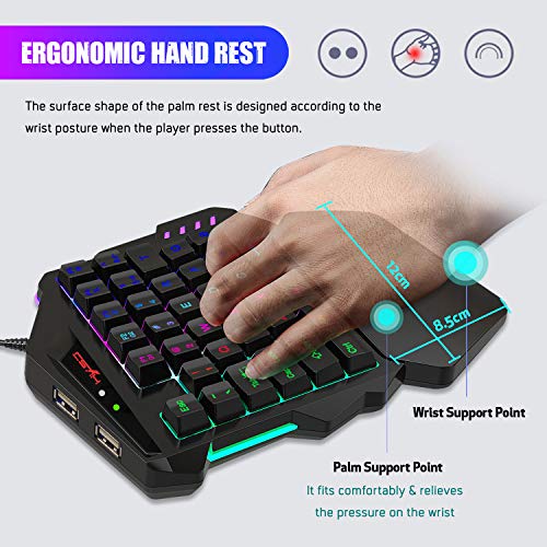 TKOOFN Teclado para Juegos con Una Mano para PS4 PS3 N-SWITCH XBox One 360 Consola, RGB LED Medio Teclado para Juegos de 35 Teclas (QWERT US Layout) Cable USB con Convertidor Integrado para Juegos