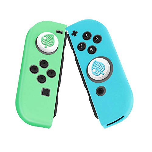 TNP Gel Guards with Thumb Grips Caps for Nintendo Switch Joy-Con Grip - Protective Case Covers Anti-Slip Lightweight Animal Crossing Design Comfort Grip Controller Skin Accessories (1 Pair White Leaf)