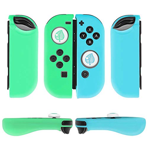 TNP Gel Guards with Thumb Grips Caps for Nintendo Switch Joy-Con Grip - Protective Case Covers Anti-Slip Lightweight Animal Crossing Design Comfort Grip Controller Skin Accessories (1 Pair White Leaf)