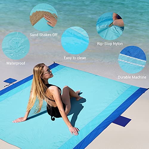 Toalla Playa Grande Esterilla Playa - Manta Picnic Impermeable 210 X 200cm Playa Accesorios Alfombra Playa Antiarena, Manta Playa Toalla Antiarena Playa con 4 Clavos Fijos para Playa, Camping, Picnic