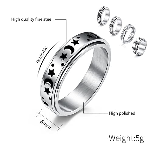 TOFBS 5 Piezas Anxiety Ring Anillos Giratorios para Mujer Juego De Anillos De Acero Inoxidable Fidget Band Triple Entrelazado Rolling Flower Moon Star Anillo Aliviar El Estrés Promesa De Boda (14)