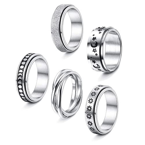 TOFBS 5 Piezas Anxiety Ring Anillos Giratorios para Mujer Juego De Anillos De Acero Inoxidable Fidget Band Triple Entrelazado Rolling Flower Moon Star Anillo Aliviar El Estrés Promesa De Boda (14)