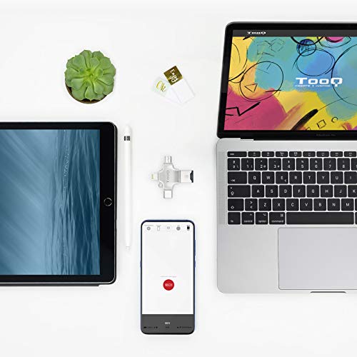 Tooq TQR-4001- Lector Tarjetas de Memoria Micro SD 4 en 1 Adaptador Tarjetas USB/Lightning/Micro USB/Tipo C. Lector de Tarjetas para Apple iPhone, iPad, MacBook y Android