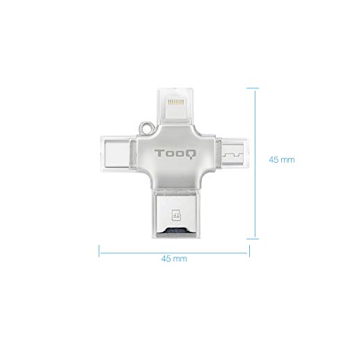 Tooq TQR-4001- Lector Tarjetas de Memoria Micro SD 4 en 1 Adaptador Tarjetas USB/Lightning/Micro USB/Tipo C. Lector de Tarjetas para Apple iPhone, iPad, MacBook y Android