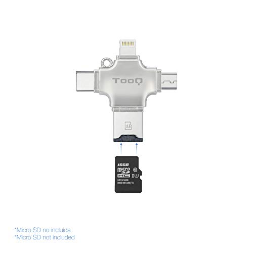 Tooq TQR-4001- Lector Tarjetas de Memoria Micro SD 4 en 1 Adaptador Tarjetas USB/Lightning/Micro USB/Tipo C. Lector de Tarjetas para Apple iPhone, iPad, MacBook y Android