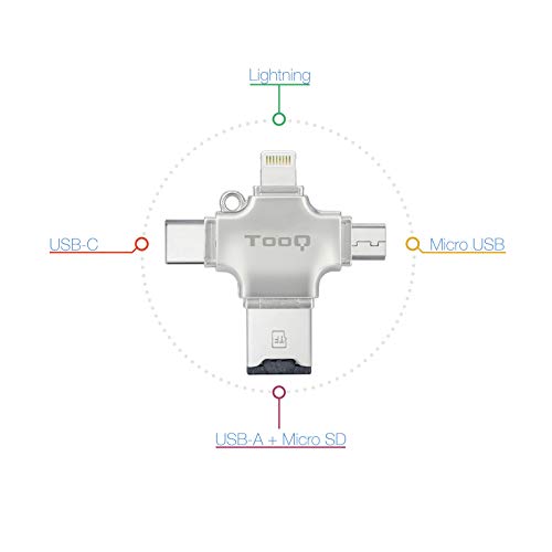 Tooq TQR-4001- Lector Tarjetas de Memoria Micro SD 4 en 1 Adaptador Tarjetas USB/Lightning/Micro USB/Tipo C. Lector de Tarjetas para Apple iPhone, iPad, MacBook y Android