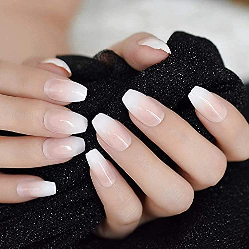 TOPNIU Juego de uñas Artificiales 24 unids Rosa Desnudo Blanco Bailarina francés ataúd Falso uñas Degradado manicura Natural Prensa sobre Clavos Falsos Tips Daily Office Finger Wear