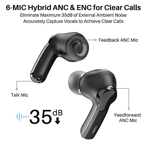 TOZO NC2 Auriculares Híbridos Inalámbricos con Cancelación Activa de Ruido, Detección In-Ear 5.2 Impermeable IPX6 Bluetooth, Auriculares Inmersivos de Graves Profundos Premium, Negro