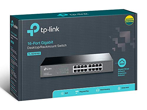 TP-Link TL-SG1016D - Gigabit Ethernet con 16 Puertos (Conmutador no Gestionado, Plug and Play, Metal, Escritorio, montaje en bastidor, sin Ventilador, Vida Útil Limitada)