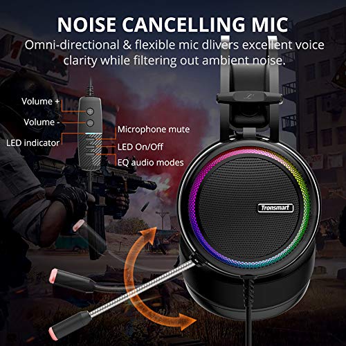 Tronsmart Glary Cascos Gaming, Auriculares Gaming Sonido Envolvente 7.1- Driver Audio de 50 mm-Profesional Gaming Headset con Micrófono-Cancelación de Ruido para Mac/PC