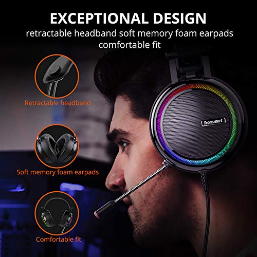 Tronsmart Glary Cascos Gaming, Auriculares Gaming Sonido Envolvente 7.1- Driver Audio de 50 mm-Profesional Gaming Headset con Micrófono-Cancelación de Ruido para Mac/PC