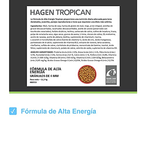 Tropican Alta Energía 11'34Kg Gránulo 4mm Pienso para Loros, Guacamayos, Cotorras y Ninfas