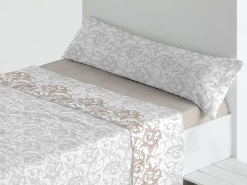 Trovador. Cama de 200x200 cm. Juego de sábanas de coralina de Invierno, de 4 Piezas, Bajera, encimera, y 2 almohadones (Acanto Beige)