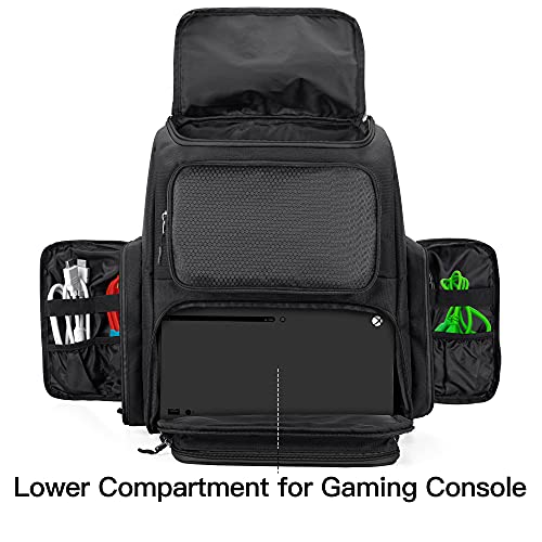 Trunab Mochila de Almacenamiento Compatible con Xbox Series X, Negro, Mochila Protectora Gran Capacidad, con Bolsillos, Divisores para Controlador Xbox y Accesorios de Juego