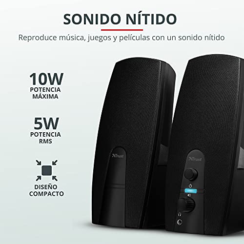 Trust Almo Sistema de Altavoces PC 2.0 Estéreo, 10 W, Alimentación USB, Jack 3,5 mm, Conexión para Auriculares, Set de Altavoces para Ordenador, Portátil - Negro