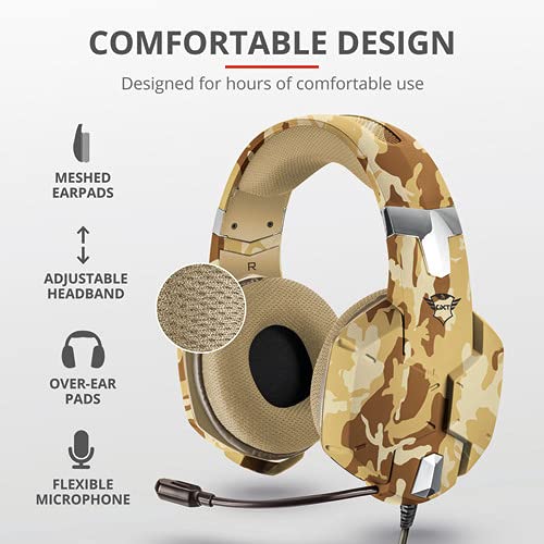 Trust Cascos Gaming GXT 322D Carus Auriculares Gamer con Micrófono Flexible y Diadema Ajustable, Cable de 1 m, para PS4, PS5, PC, Nintendo Switch, Xbox One, Xbox Series X - Desierto Camuflaje