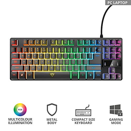 Trust Gaming Teclado Gamer TKL GXT 833 Thado Teclado Retroiluminado RGB Tenkeyless (20% más pequeño), Membrana, Disposición QWERTY Español, Anti-Ghosting, USB, con Cable, PC/Ordenador