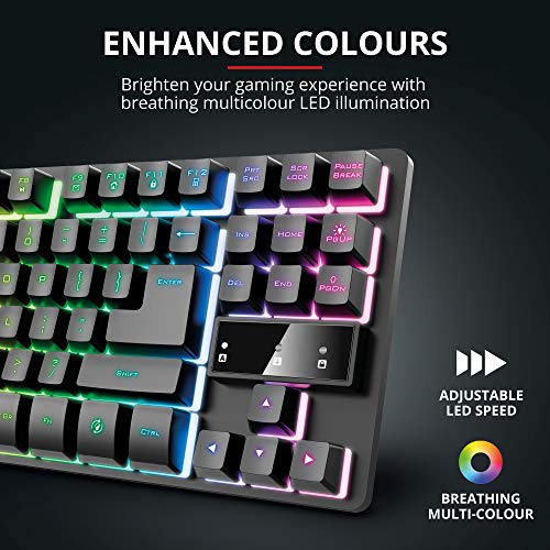 Trust Gaming Teclado Gamer TKL GXT 833 Thado Teclado Retroiluminado RGB Tenkeyless (20% más pequeño), Membrana, Disposición QWERTY Español, Anti-Ghosting, USB, con Cable, PC/Ordenador