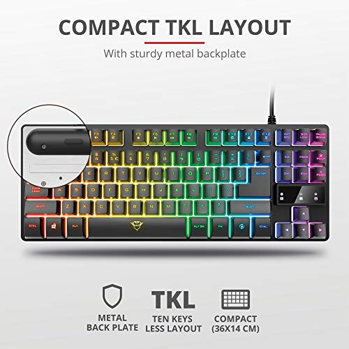 Trust Gaming Teclado Gamer TKL GXT 833 Thado Teclado Retroiluminado RGB Tenkeyless (20% más pequeño), Membrana, Disposición QWERTY Español, Anti-Ghosting, USB, con Cable, PC/Ordenador