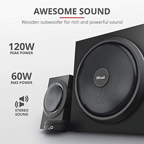 Trust Yuri Juego de Altavoces 2.1 para PC con Subwoofer de Madera con Potente Controlador de Graves de 5.25 Pulgada, Potencia Máxima de 120 W, Gestión de la Alimentación Inteligente