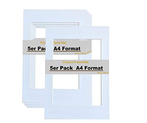 TUKA 5X Paspartú, DIN A4 Tamaño Exterior, Tamaño Abierto de los Paspartús: 15x20cm. Blanco, Marco de Papel Paspartú para Enmarcar Imágenes, Fotos, Carteles, Impresiones Artísticas. TKD9100-A4-5x