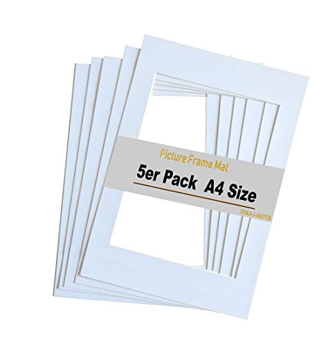 TUKA 5X Paspartú, DIN A4 Tamaño Exterior, Tamaño Abierto de los Paspartús: 15x20cm. Blanco, Marco de Papel Paspartú para Enmarcar Imágenes, Fotos, Carteles, Impresiones Artísticas. TKD9100-A4-5x