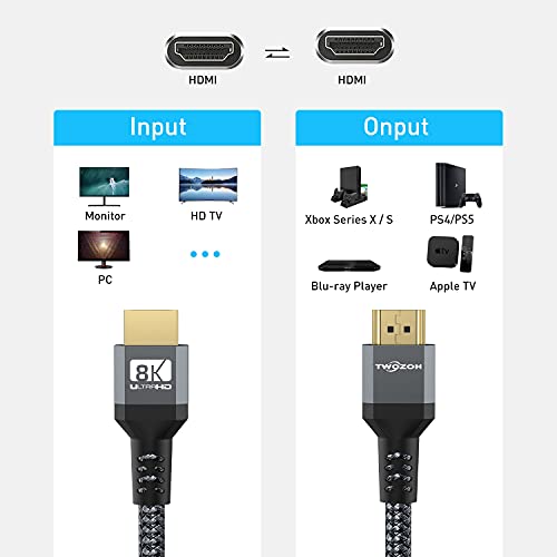 Twozoh 8K HDMI 2.1 Cable 3M, Certificado 48gbps HDMI 8K@60Hz 4K@120HZ, 7680p,4320p, Para Fire TV, Xbox, Playstation, PS5, PS4, PC