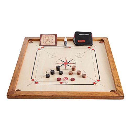 Ubergames Carrom Board Set oficial tamaño 7 kg – Top Eco calidad madera dura – Juego completo con discos oficiales, polvo, mesa y bolsa – India Original