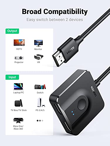 UGREEN 4K HDMI Switch con 1M HDMI Cable, Bidireccional HDMI Splitter 2 Entradas a 1 Salida o 1 Entrada a 2 Salidas Soporte HDR 3D HDCP2.2, Compatible con TV Box/Stick, PS5/PS4, Xbox One, Blu-ray, HDTV