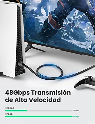 UGREEN 8K HDMI 2.1 Cable, HDMI Macho a Macho 8K@60Hz 48Gbps Alta Velocidad 4K@120Hz UHD, eARC, HDR Dinámico, Dolby Vision, 3D, HDCP 2.3, Compatible con PS5 PS4 Pro Xbox One X PC HDTV Monitor, 1Metros