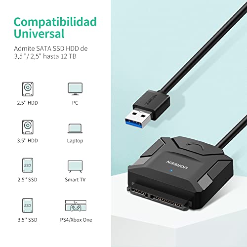 UGREEN Adaptador SATA III a USB 3.0 con UASP, Cable SATA USB para 3,5" 2,5" HDD SDD, Lector Disco Duro Externo Compatible con PC, Macbook, PS5, Xbox X/S, PS4, 16 TB MAX, con 12V Adaptador de Corriente