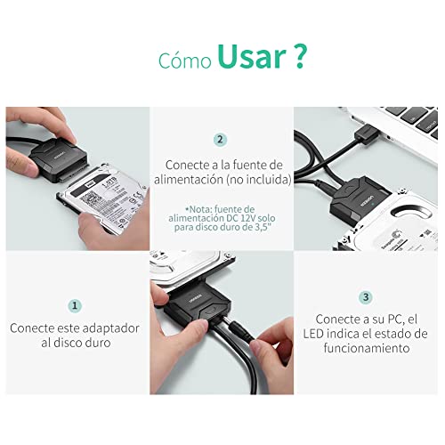 UGREEN Adaptador SATA III a USB 3.0 con UASP, Cable SATA USB para 3,5" 2,5" HDD SDD, Lector Disco Duro Externo Compatible con PC, Macbook, PS5, Xbox X/S, PS4, 16 TB MAX, con 12V Adaptador de Corriente