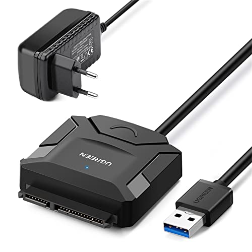 UGREEN Adaptador SATA III a USB 3.0 con UASP, Cable SATA USB para 3,5" 2,5" HDD SDD, Lector Disco Duro Externo Compatible con PC, Macbook, PS5, Xbox X/S, PS4, 16 TB MAX, con 12V Adaptador de Corriente