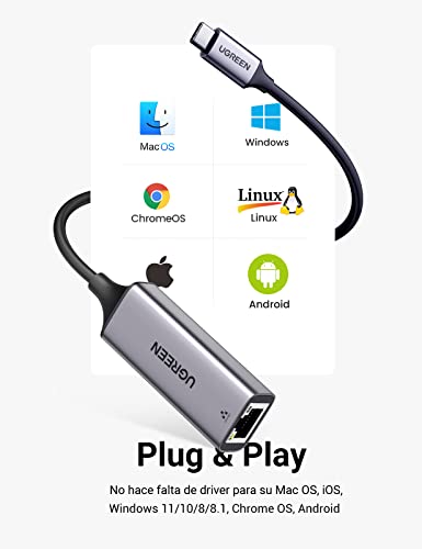 UGREEN Adaptador USB C a Ethernet, Adaptador de Red USB C a RJ45 Gigabit Ethernet LAN Tarjeta de Red 1000 Mbps Compatible con iPad Pro 2020 Macbook Pro Air 2020 iMac 2021 Galaxy S21 S20 y Xiaomi Mi10